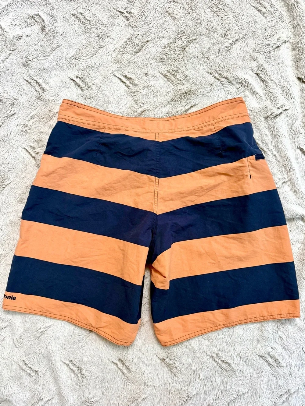 Patagonia Men’s Orange and Navy Wide-Stripe Swim Trunks